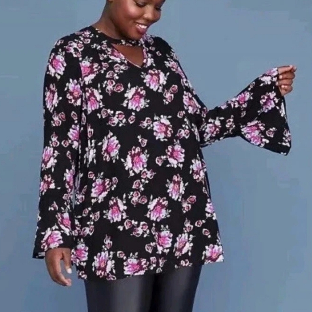 Plus Size 28 4x Lane Bryant Floral Blouse Black Tunic top Womens Shirt